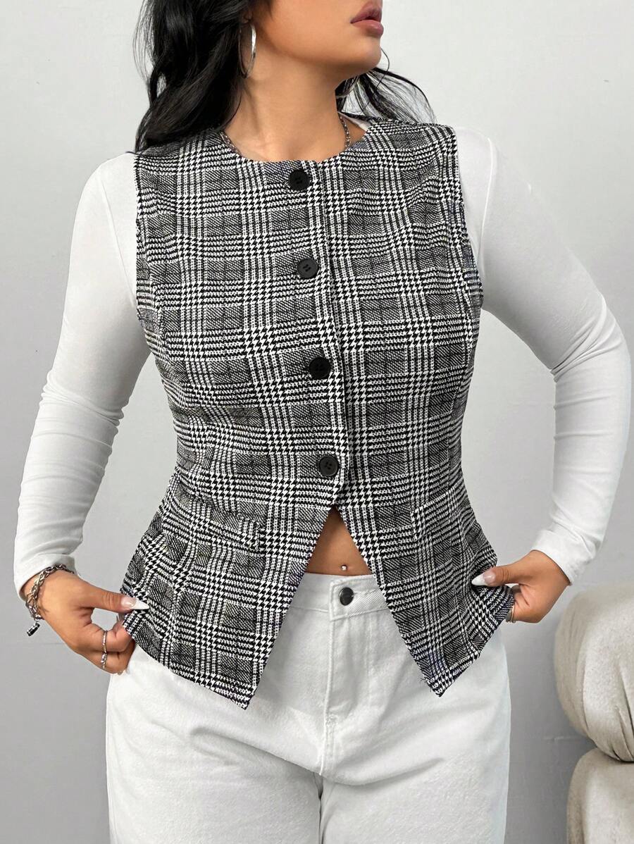 SHEIN EZwear Plus Size Women Houndstooth Pattern Single Breasted Casual Blazer Vest, Autumn