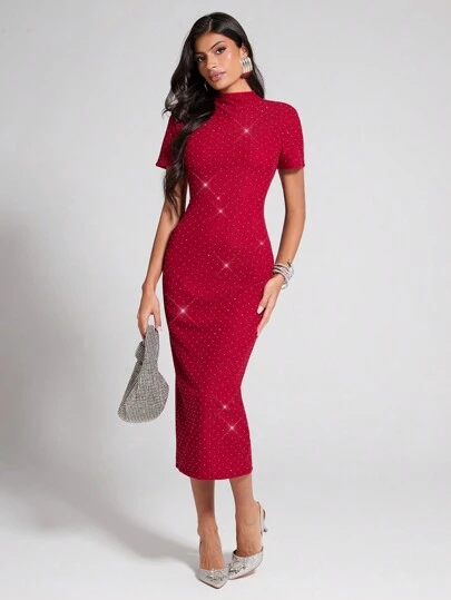 COSMINA Burgundowa sukienka damska o średniej długości z kryształkami, odpowiednia na Walentynki, Nowy Rok, Boże Narodzenie, jesień/zimę