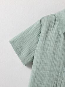 SHEIN 2 件男童纯色短袖衬衫和短裤套装 - 綠色 - 查看 4