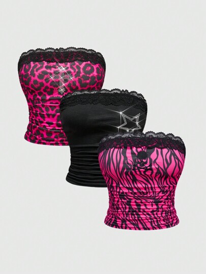 J-Fashion Y2K Style Crop Top Set For Women, Featuring Star, Cross, Skull, And Animal Prints With Rhinestone Decor
