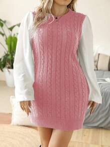 Celure Vestido de suéter versátil de unicolor de tejido de cable para mujer talla grande, 2 en 1 con mangas, otoño/invierno