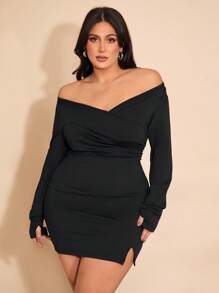 SHEIN BAE Plus Size Damska Czarna Sukienka Z Długim Rękawem I Dekoltem W Serek, Seksowna I Elegancka Sukienka Na Randki, Imprezy, Święta, Strój Na Mardi Gras, San Valentin, Wielkanoc, Prezenty Na Walentynki, Dopasowana, Prosta Sukienka, Podstawowa Sukienka Damska, Sukienki Damskie W Stylu Zachodnim, Sukienka Letnia, Obcisła Sukienka, Wielkanoc, Ubrania Wiosenne