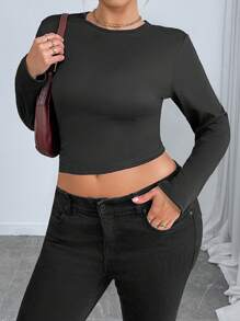 INAWLY 大尺碼女士緊身長袖t恤 - 黑色 - 查看 5