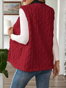 EMERY ROSE Casual Solid Color Double Pocket Sleeveless Fuzzy Jacket, Autumn/Winter - Red - View 2