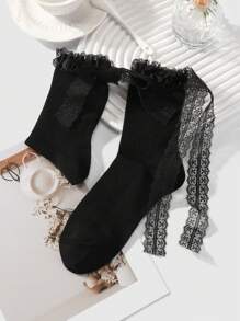 ROMWE Kawaii 2 pares de calcetines de media pantorrilla para mujer de unicolor simple, con lazo de encaje y malla, que absorben la humedad y proporcionan aislamiento térmico, versátiles y con volantes a la moda, adecuados para uso diario, con empaque de caja de regalo