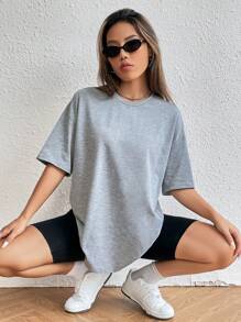 Comfortcana Women's Summer Casual Solid Round Neck Shoulder Grey Oversized T Shirts, Unisex - Grey - View 7