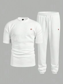 Manfinity RelaxMax Men Simple Round Neck Long Sleeve Top And Front Tie Up Long Pants Set - White - View 9