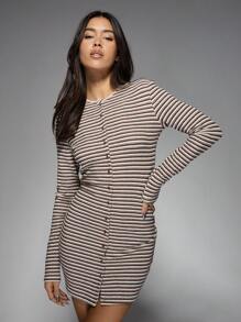 MISSGUIDED Round Neck Long Sleeve Button Front Detail Bodycon Slim Fit Knitted Striped Short Dress - Multicolor - View 1
