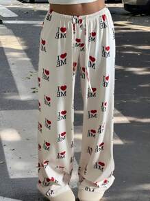 SHEIN EZwear 女士字母与心形印花抽绳腰直筒宽松休闲裤 - 白色 - 查看 7