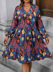 EMERY ROSE Plus Size Holiday Blue Autumn Boho Vacation Tropical Print Keyhole Neckline Lantern Sleeve Dress,New Years Women Outfit,Spring Casual Outfits - Multicolor - View 1