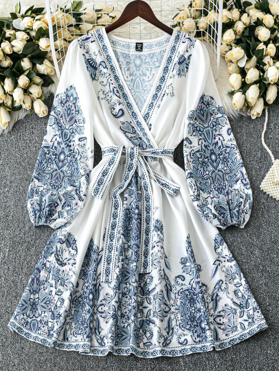 SHEIN LUNE Plus Size Women's Retro Palace Style Tie-Front Patterned Long Sleeve A-Line Dress, Elegant French Style