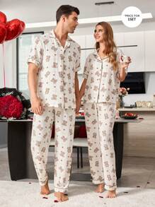 Cartoon Bear Print Men's Pajama Set - Apricot - View 6