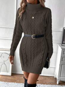 SHEIN LUNE Women's Solid Color Turtleneck Long Sleeve Short Knit Sweater Dress, Autumn/Winter