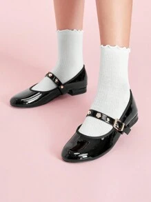 CUCCOO DOLLMOD Women Flat Thick Heel Round Toe Black Mirror Leather Mary Jane Shoes, Cute Retro Minimalist Elegant Fashion Valentine's Day - Black - View 3