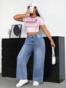 SHEIN EZwear 大尺碼破壞風寬腿牛仔褲 - 淺色水洗藍 - 查看 3