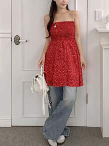 DAZY 女士修身迷你抹胸连衣裙，休闲时尚，适合日常穿着，夏季邮轮女装，红色连衣裙，嘉年华风格 - 紅色 - 查看 8