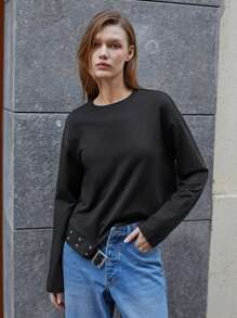 Maija 女式黑色早春季纯色圆领不对称下摆腰带装饰宽松长袖时尚百搭休闲简约 T 恤上衣节日 - 黑色 - 查看 6