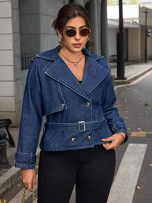 SHEIN Essnce Plus Size Denim Jacket, Casual & Fashionable For Daily Wear - Blue - View 6