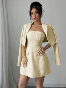 Elenzga 2 件套女士短款粗花呢夹克 + 迷你抹胸连衣裙 - 黃色 - 查看 4