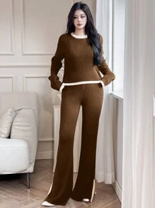 Mulvari 2pcs Women Casual Contrast Color Trim Sweater & Pants Set, Autumn/Winter 2 Pieces Set