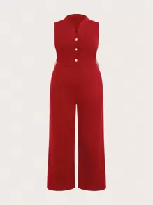 Slaydiva Mono largo de una sola pieza en negro sólido con cuello en V sin mangas y botones hasta la mitad para mujer de talla grande, elegante y casual para vacaciones, primavera/verano