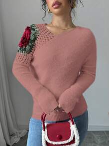 Chiquease 女士纯色拼接简约休闲套头毛衣针织衫秋冬毛衣 - 藕粉色 - 查看 5