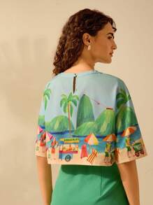 CAJUNI Women's Boho Tropical Beach Print Casual Loose Cropped Top, Summer Round Neck - Multicolor - View 2