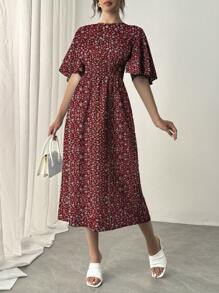 Calvaya Vestido casual de longitud media de manga corta con volantes, cuello redondo, cintura acampanada y estampado floral diminuto, para vacaciones románticas en color azul