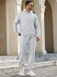 Manfinity Homme Plus Size Men Solid Color Drawstring Hooded Sweatshirt And Sweatpants Set, Casual - Grey - View 5