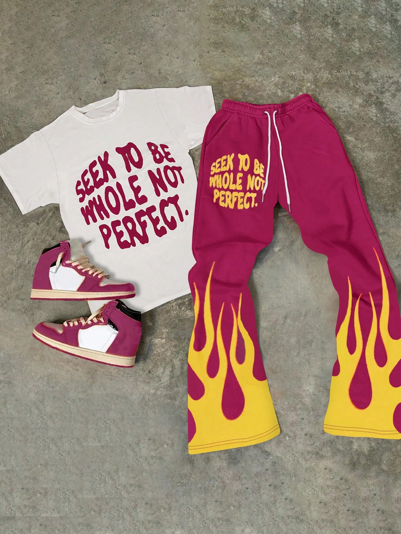 Men's Slogan Print Short Sleeve T-Shirt And Contrasting Flame Print Long Pants Set