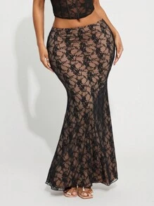 SHEIN SXY 优雅黑/裸色透明蕾丝鱼尾裙，秋冬 - 黑色 - 查看 4