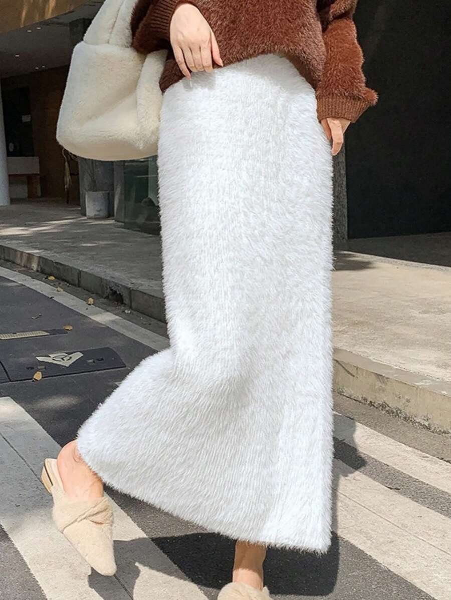 INAWLY 1pc Plus Size Solid Color Casual Long Knitted Skirt, Autumn/Winter