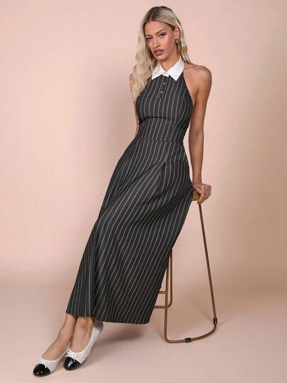 COSMINA Women's Contrast Color Polo Collar Striped Sleeveless Casual Dress