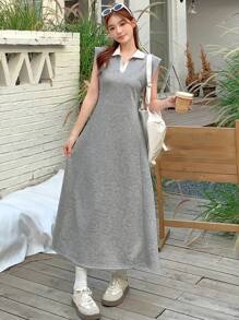 DAZY Women's Polo Collar Sleeveless A-Line Mid-Calf Dress Sundress Shirt Dress,Casual Women Dresses