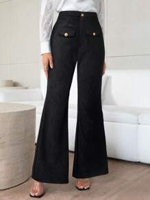 SHEIN Privé 女士优雅通勤保暖内衬黑色喇叭裤 - 黑色 - 查看 4