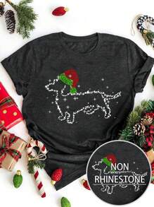 Chiquease 女士休闲日常圣诞帽印花圆领短袖T恤图案T恤女式上衣 - 深灰色 - 查看 1