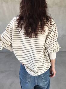 FRIFUL Women's Loose Fit Drop Shoulder Long Sleeve Striped T-Shirt, Autumn