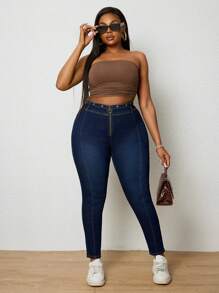 SHEIN SXY Plus Size Women Distressed High Waist Denim Jeggings - Blue - View 5