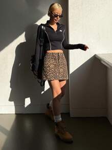 DAZY 女式豹纹前扣口袋休闲牛仔裙牛仔裙 - 棕色 - 查看 7