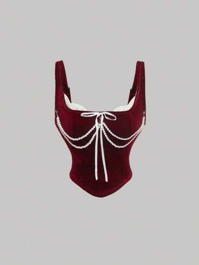 SHEIN MOD Velvet Retro Palazzo Tank Top With Front Pearl Bow Decoration, Party Top, New Year Top, Retro Elegant Top, Going Out Top