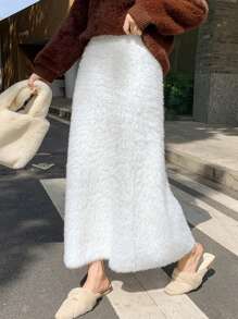 INAWLY 1pc Plus Size Solid Color Casual Long Knitted Skirt, Autumn/Winter