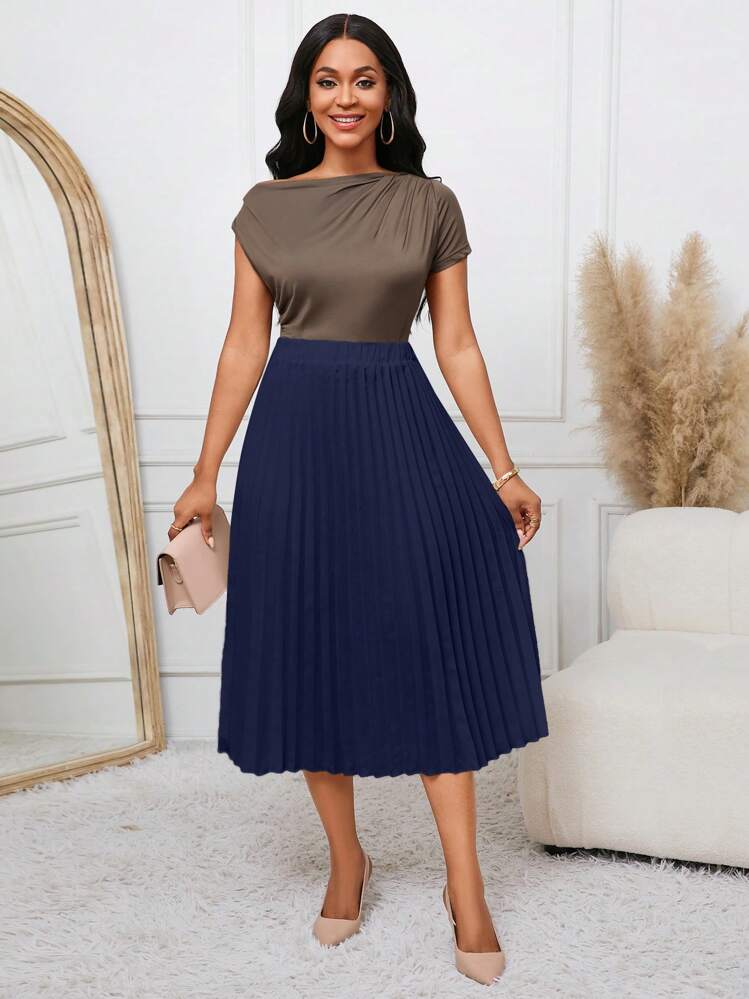SHEIN Lady 2025 New Navy Blue Pleated A-Line Skirt, Versatile For
