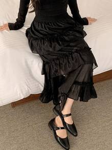 DAZY Women Elastic Waist Patchwork Ruffle Hem Casual Skirt - Black - View 3