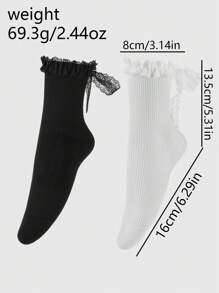 ROMWE Kawaii 2 pares de calcetines de media pantorrilla para mujer de unicolor simple, con lazo de encaje y malla, que absorben la humedad y proporcionan aislamiento térmico, versátiles y con volantes a la moda, adecuados para uso diario, con empaque de caja de regalo