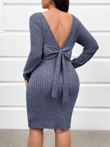 SHEIN Clasi Plus Size Women Bow Decor Backless Bodycon Dress - Navy Blue - View 3