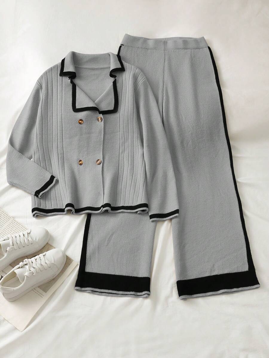 SHEIN LUNE 女式纯色针织撞色开衫+高腰阔腿裤2件套,休闲,厚实,大码,适合万圣节,新年,情人节,感恩节,圣诞节,复活节,派对,除夕 - 灰色 - 查看 1