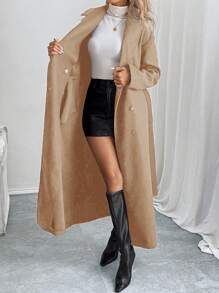 SHEIN Clasi Women's Solid Color Turndown Collar Double-Breasted Casual Overcoat, Autumn/Winter - Camel - View 6