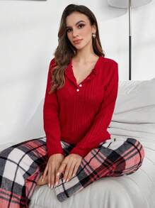 2pcs Solid Color Flannel Button-Up Shirt And Plaid Fleece Pants Women Sleepwear Set - Red - View 6