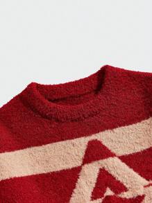 ROMWE MEN Prep Jersey casual para hombre con bloques de colores, rayas y patrón estrellado de peluche, otoño/invierno - Caqui - Ver 3