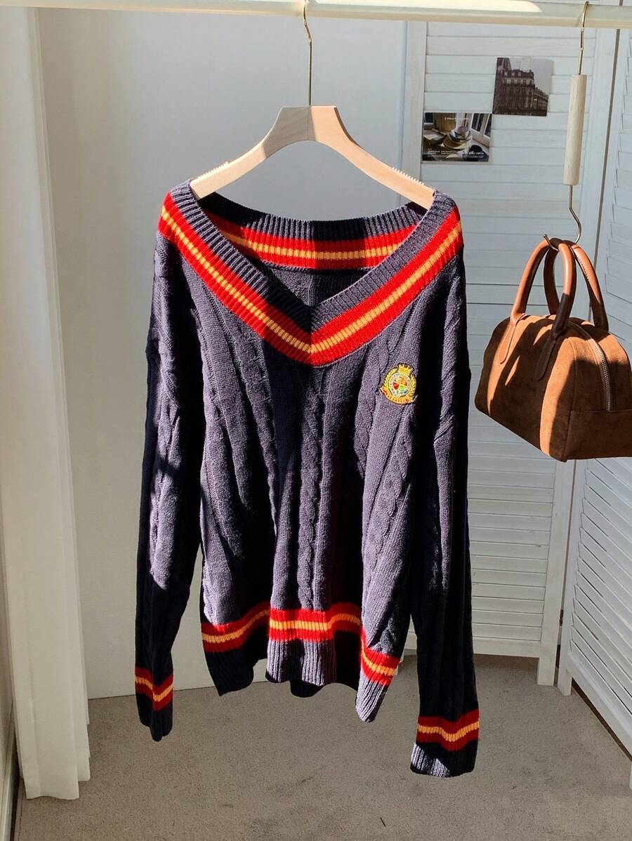 SHEIN EZwear Maglione con scollo a coste, taglio morbido e accento a blocchi di colore, in stile universitario, casual per l autunno/inverno - Blu - Visualizzare 1
